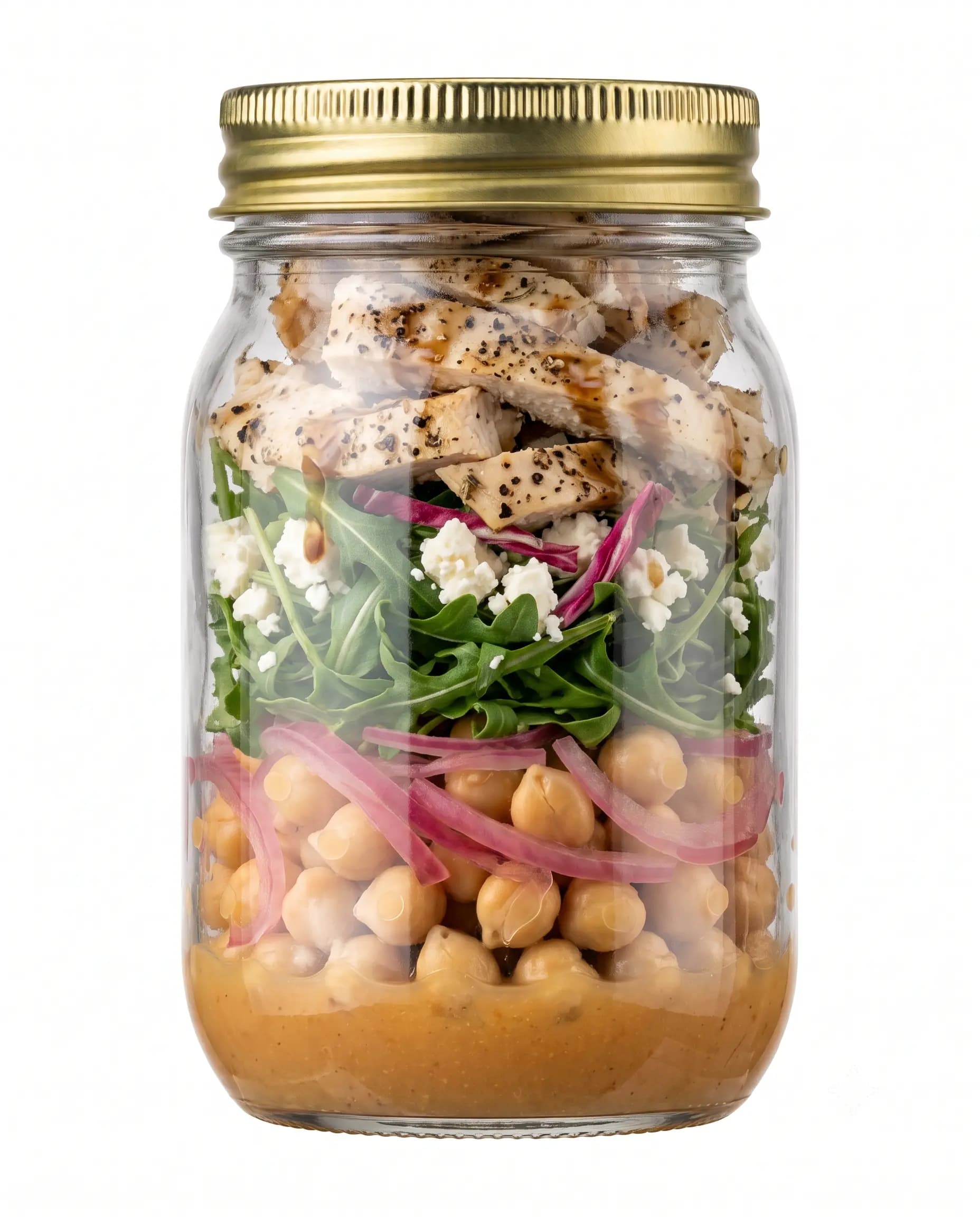 Finished jar topped with sliced grilled chicken